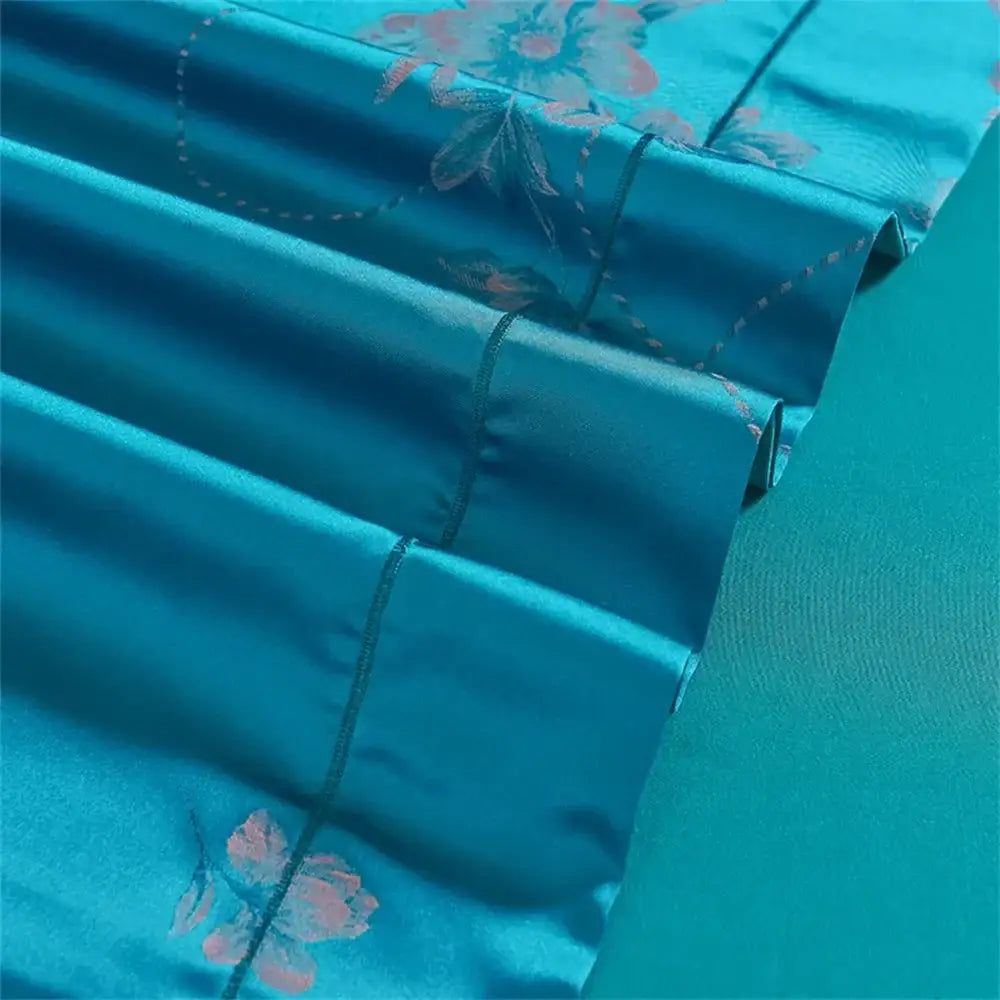 Turquoise blue satin jacquard embroidery bedding set for bedroom