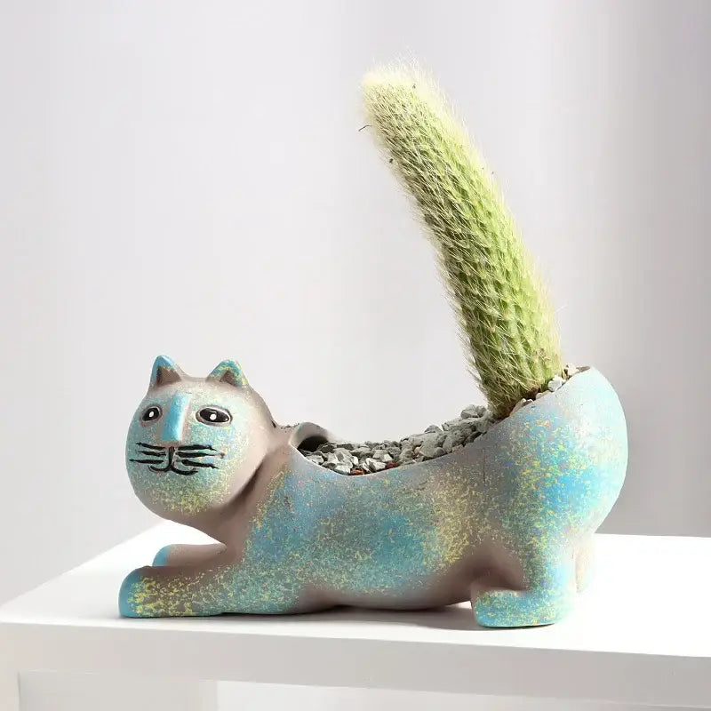 Turquoise ceramic cat succulent plant pot living room decor