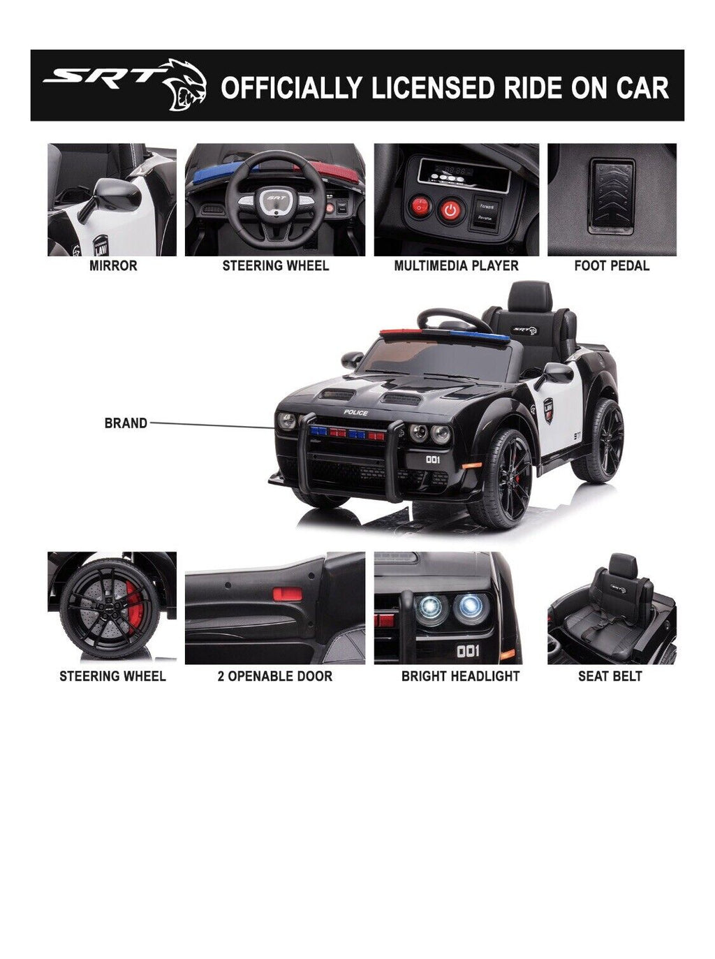 Ultimate Dodge Challenger SRT Hellcat Police Car 12V Kids Ride-On Toy with Remote Control