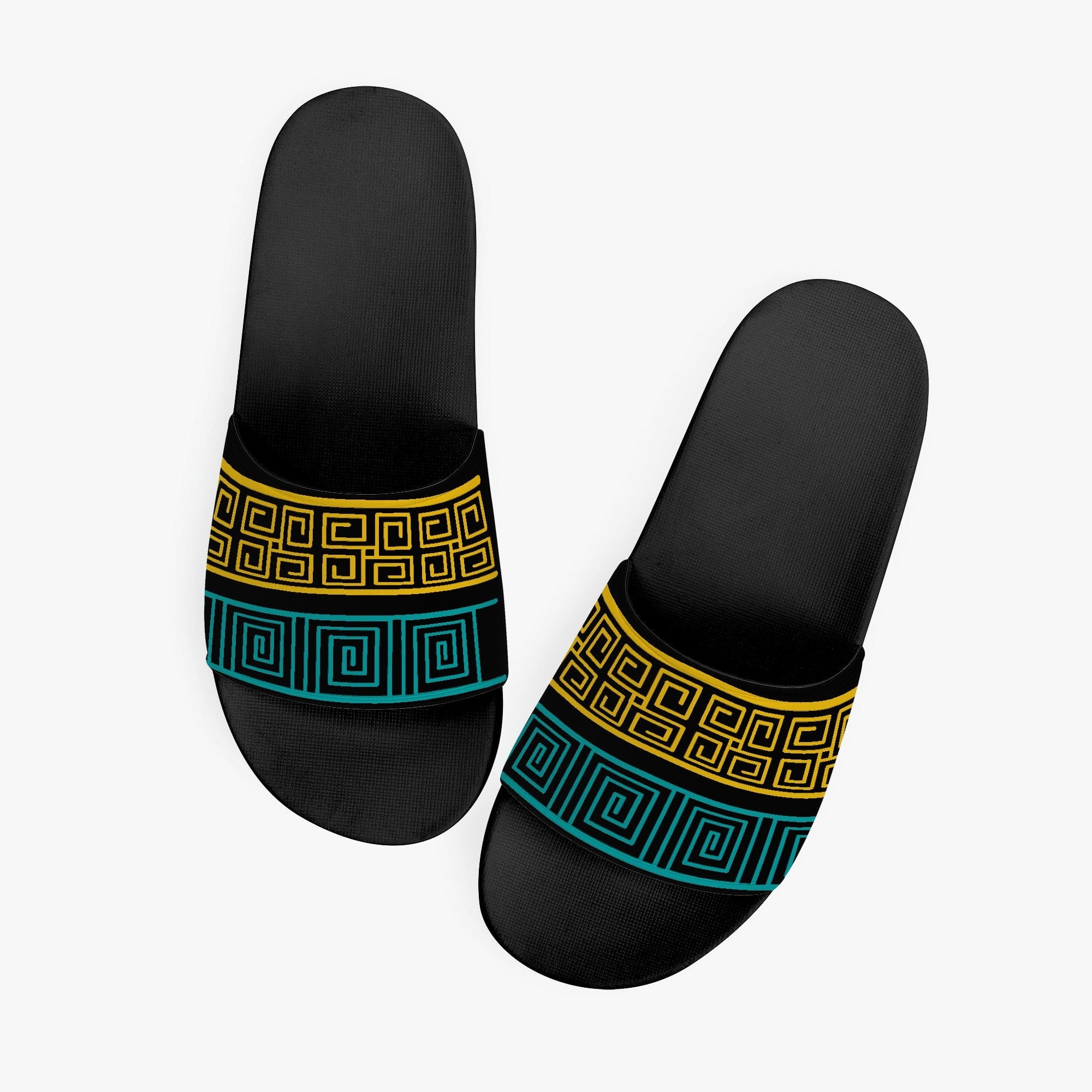 Womens Slide Sandals - Blue and Yellow Geometric Print