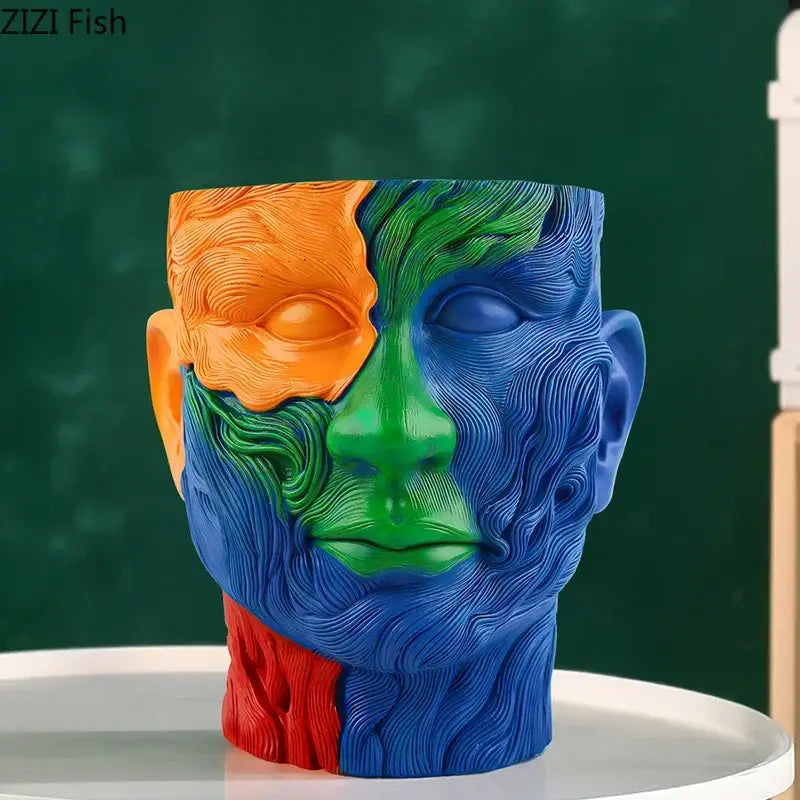 Vibrant human portrait resin vase with artificial flowers living room