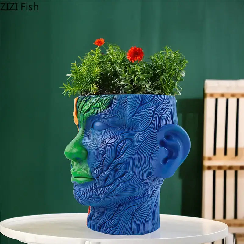 Vibrant human portrait resin vase with artificial flowers living room