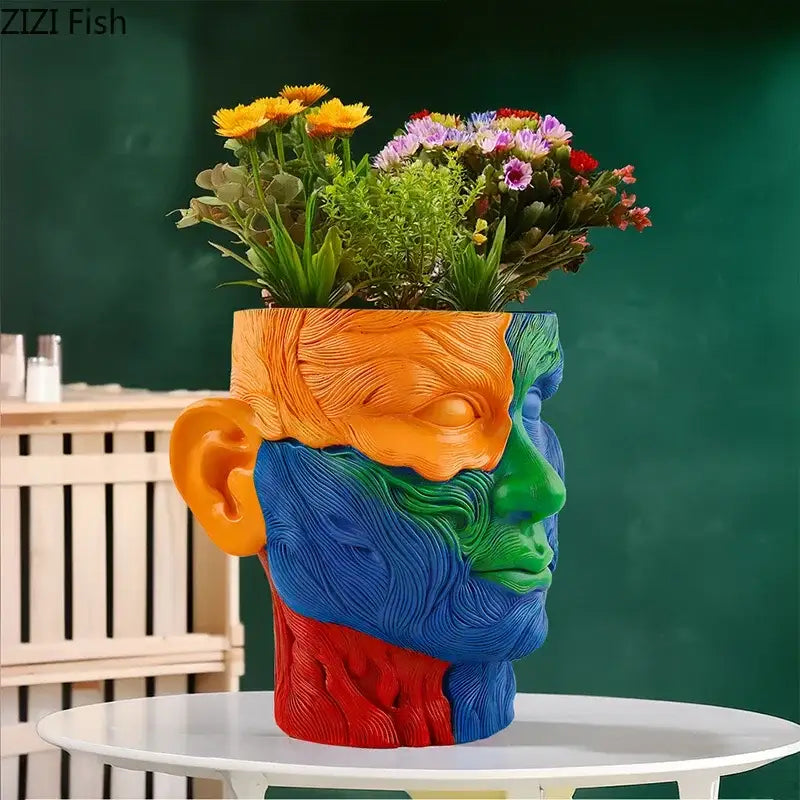 Vibrant human portrait resin vase with artificial flowers living room