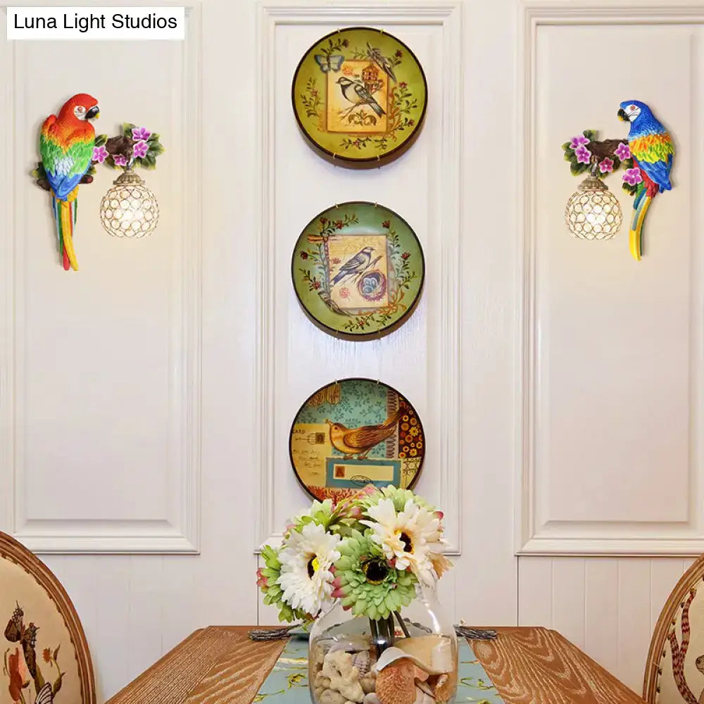Vibrant parrot wall sconce with crystal lampshade bedroom led light