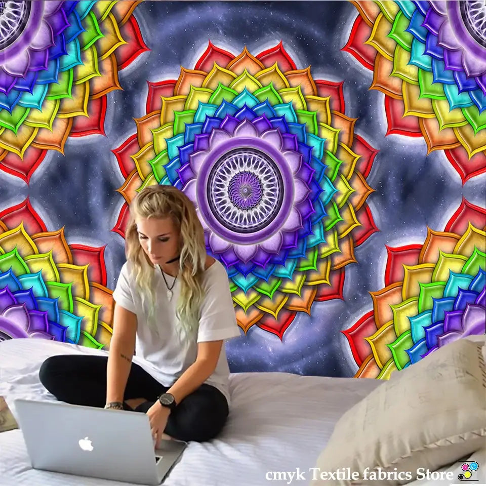 Vibrant pink and purple mandala chakra tapestry bedroom wall decor