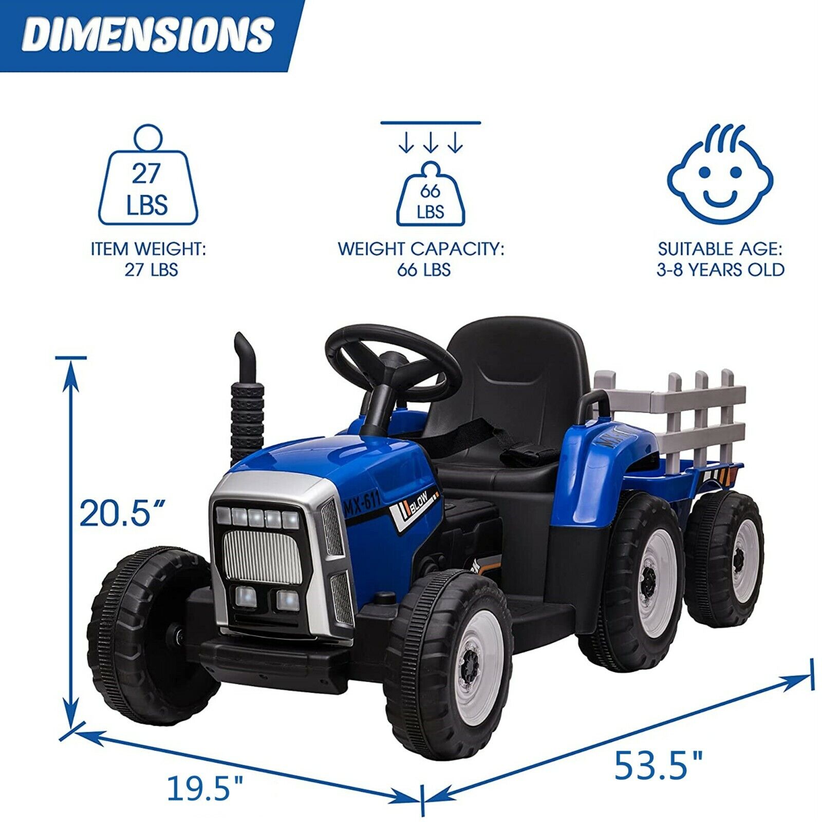 VILOBOS 12V Ride On Tractor with Trailer - Battery Powered Toy Car for Kids
