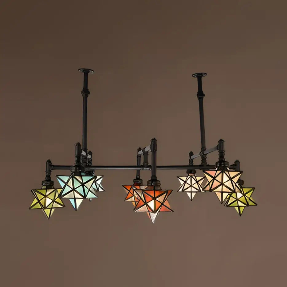 Vintage amber and teal stained glass star chandelier dining room