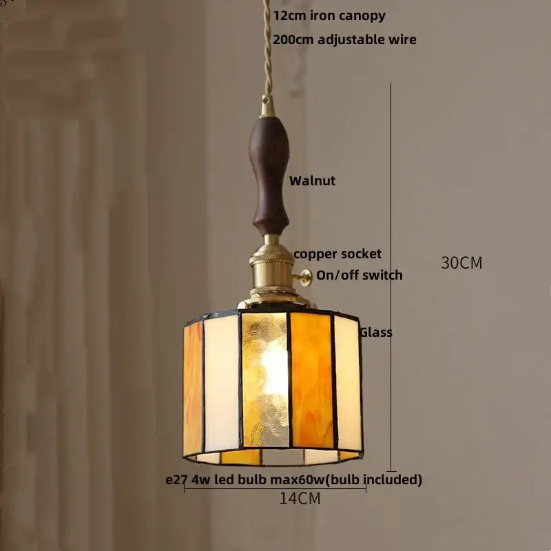 Vintage amber & cream stained glass pendant lamp dining room knob switch