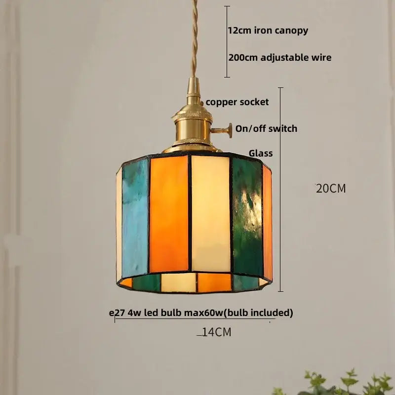 Vintage amber & cream stained glass pendant lamp dining room knob switch