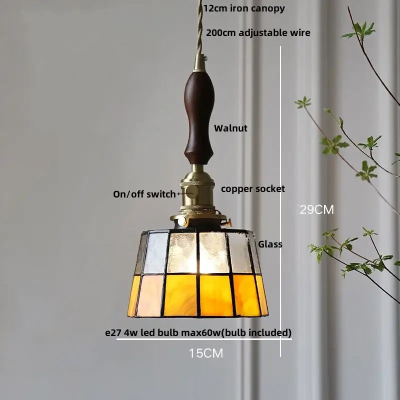 Vintage amber & cream stained glass pendant lamp dining room knob switch
