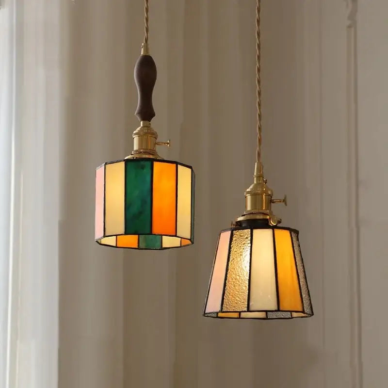 Vintage amber & cream stained glass pendant lamp dining room knob switch