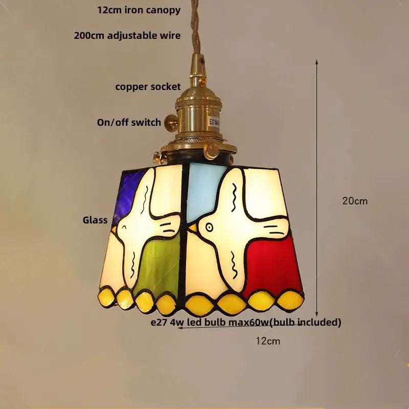 Vintage amber & cream stained glass pendant lamp dining room knob switch