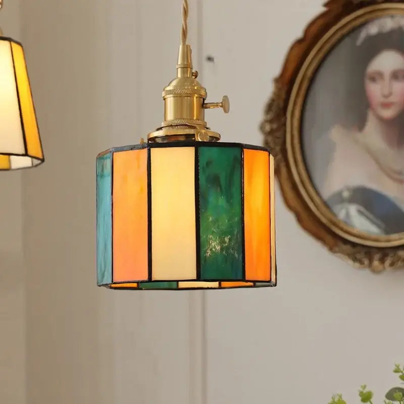 Vintage amber & cream stained glass pendant lamp dining room knob switch