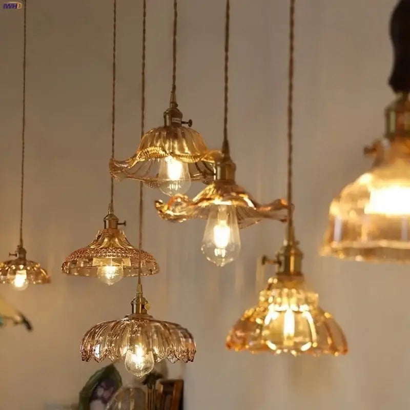 Vintage amber flower glass pendant lamp dining room brass light