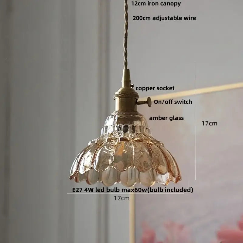 Vintage amber flower glass pendant lamp dining room brass light