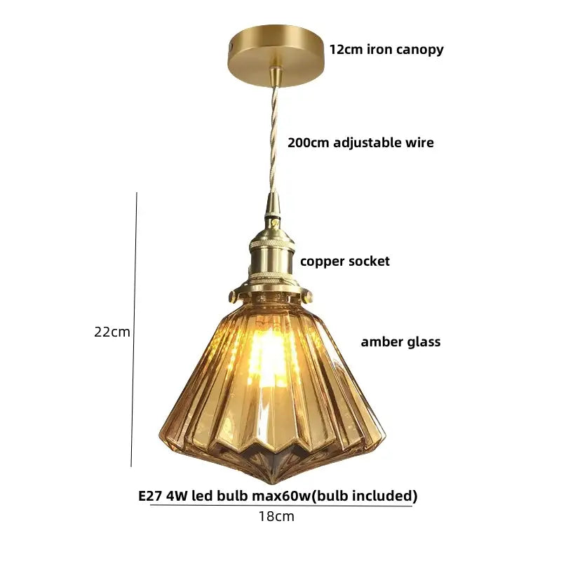 Vintage amber flower glass pendant lamp dining room brass light