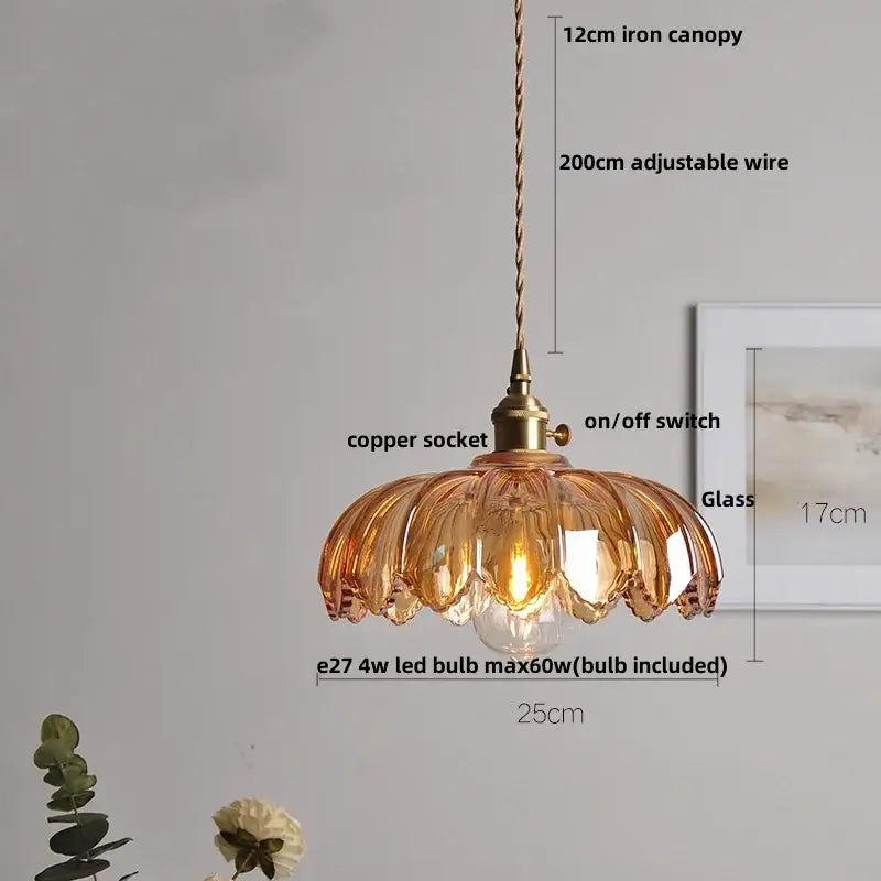 Vintage amber flower glass pendant lamp dining room brass light