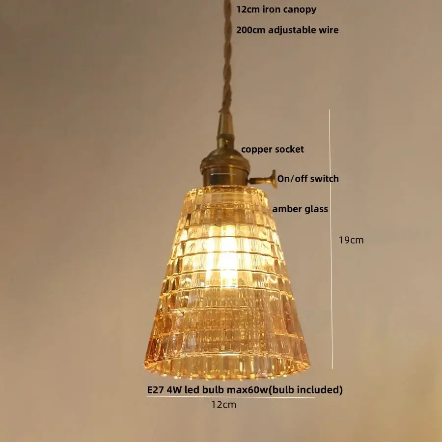 Vintage amber flower glass pendant lamp dining room brass light