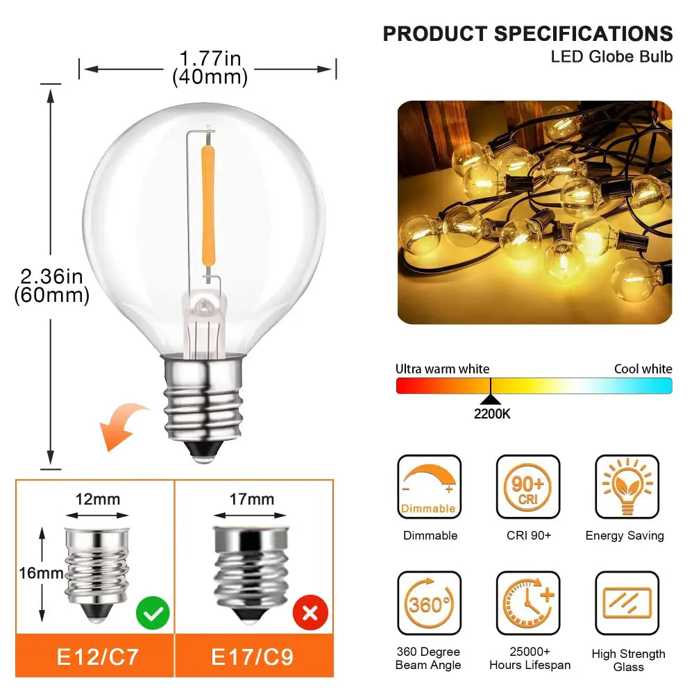 Vintage amber glass 25pcs g40 led string lights for patio and garden
