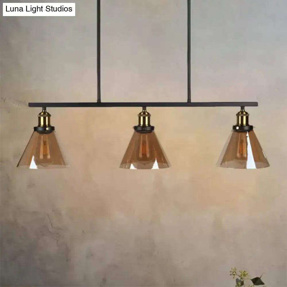 Vintage amber glass 3-light black and brass pendant dining room lamp