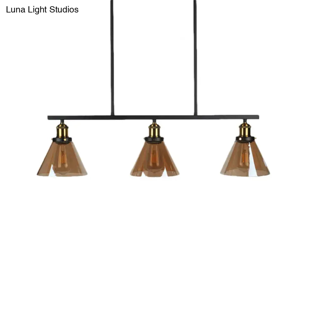 Vintage amber glass 3-light black and brass pendant dining room lamp