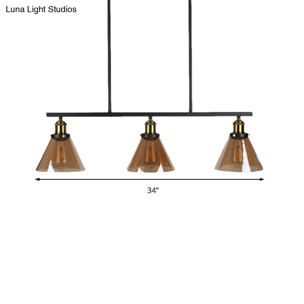 Vintage amber glass 3-light black and brass pendant dining room lamp