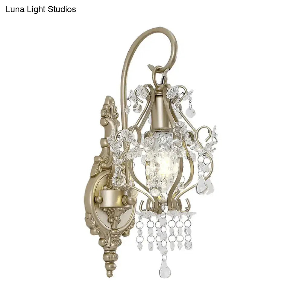 Vintage antique brass clear crystal beaded strand wall lamp bedroom