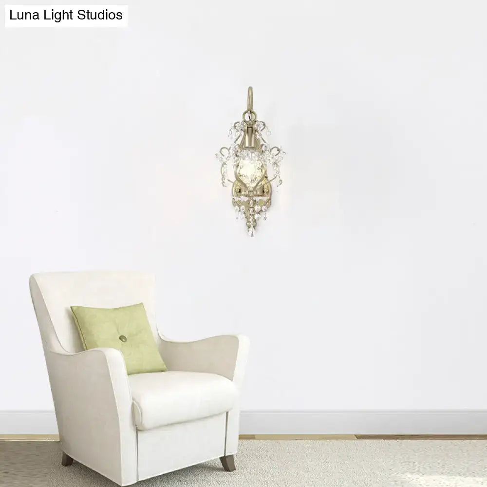 Vintage antique brass clear crystal beaded strand wall lamp bedroom