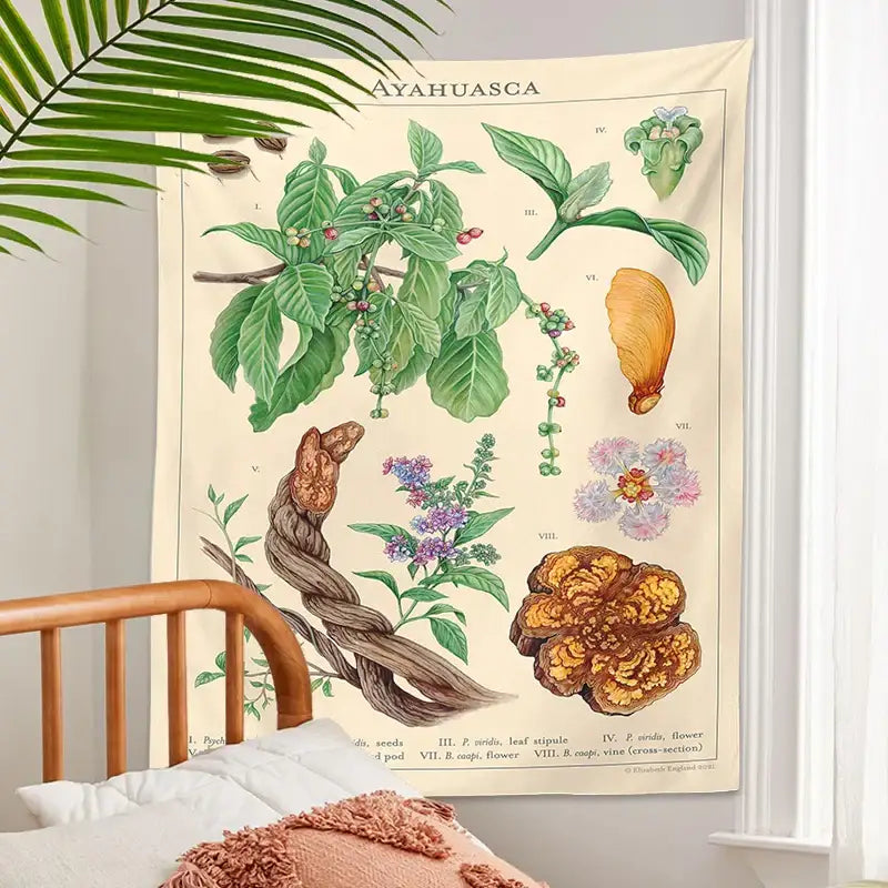 Vintage beige ayahuasca botanical tapestry bedroom wall hanging
