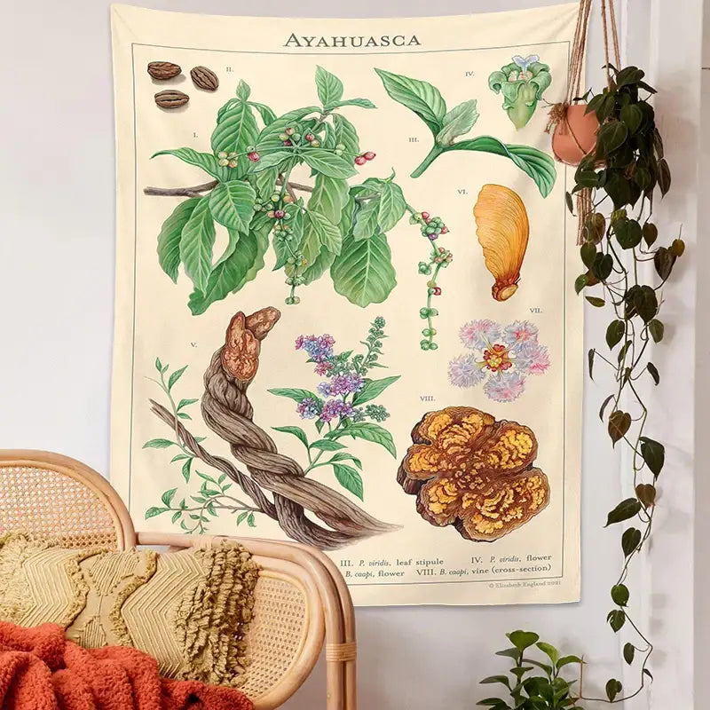 Vintage beige ayahuasca botanical tapestry bedroom wall hanging