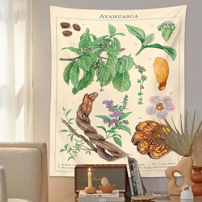 Vintage beige ayahuasca botanical tapestry bedroom wall hanging