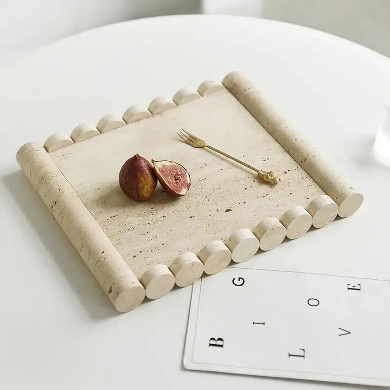 Vintage beige travertine marble serving tray kitchen stone plate