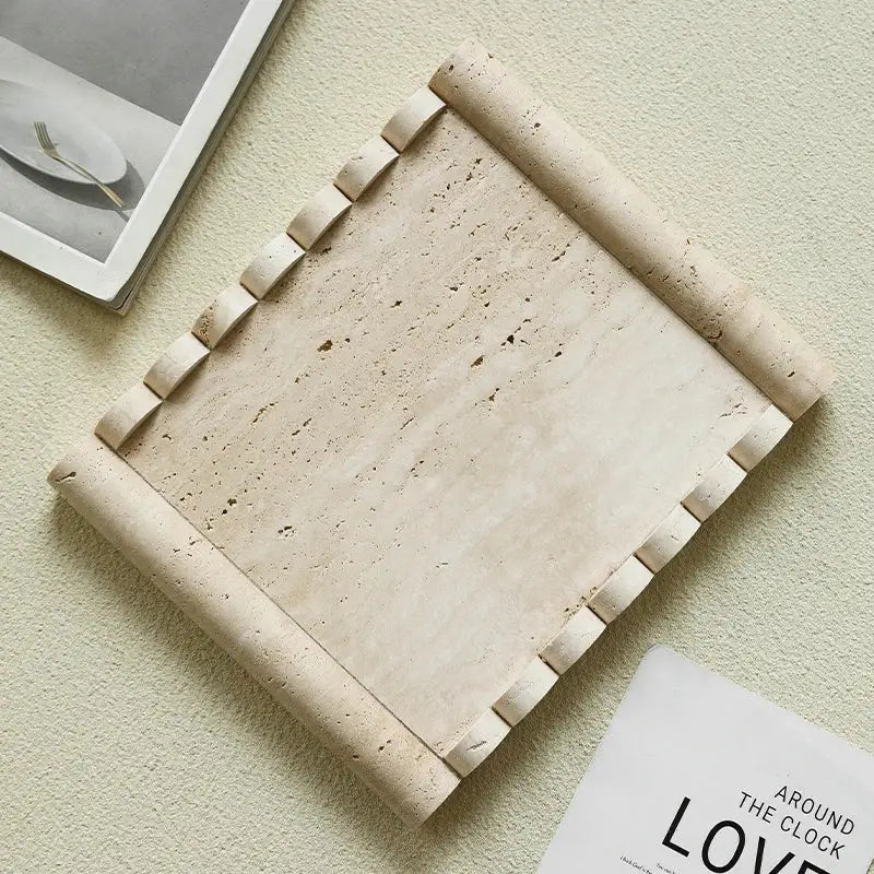 Vintage beige travertine marble serving tray kitchen stone plate