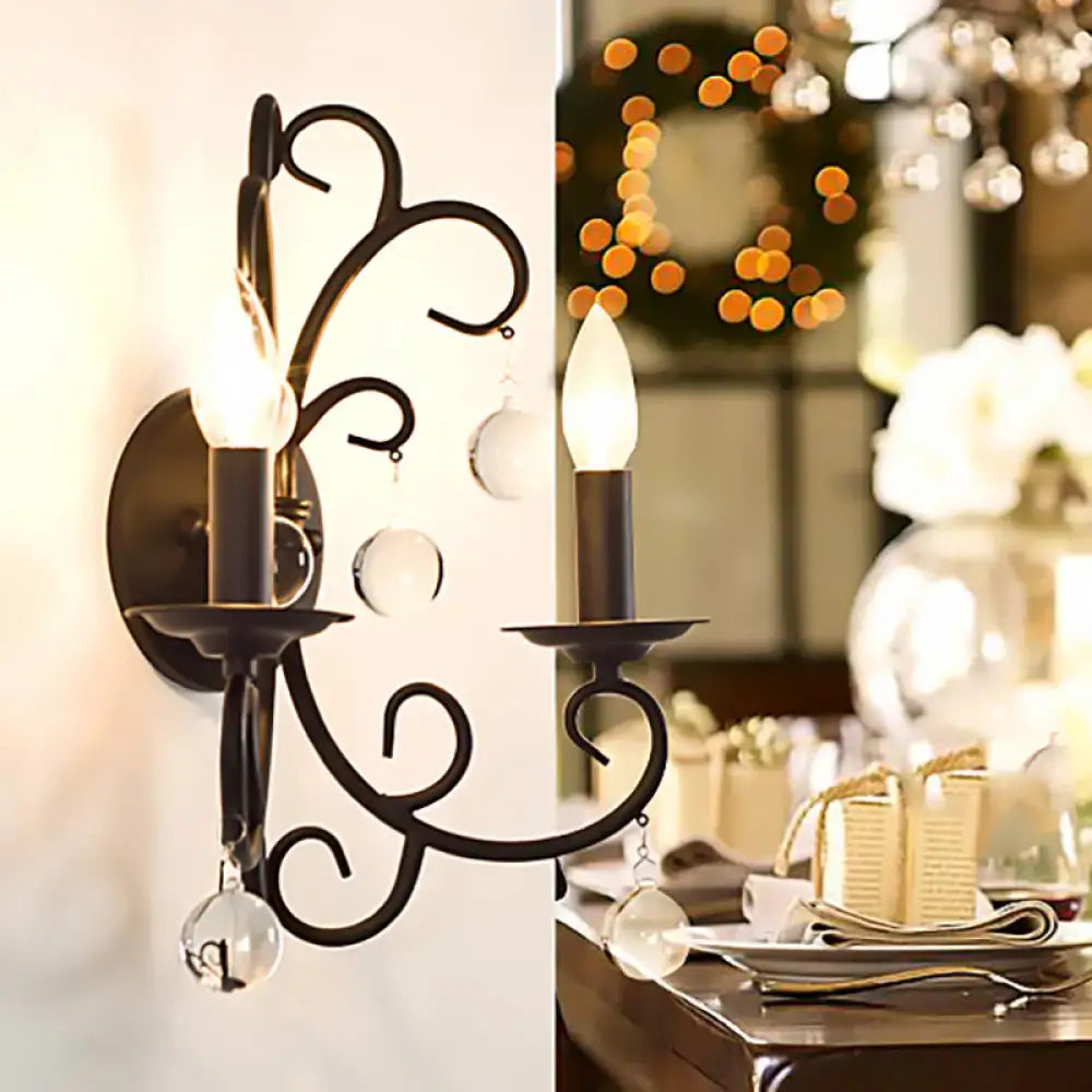 Vintage black iron wall light with crystal ball deco living room