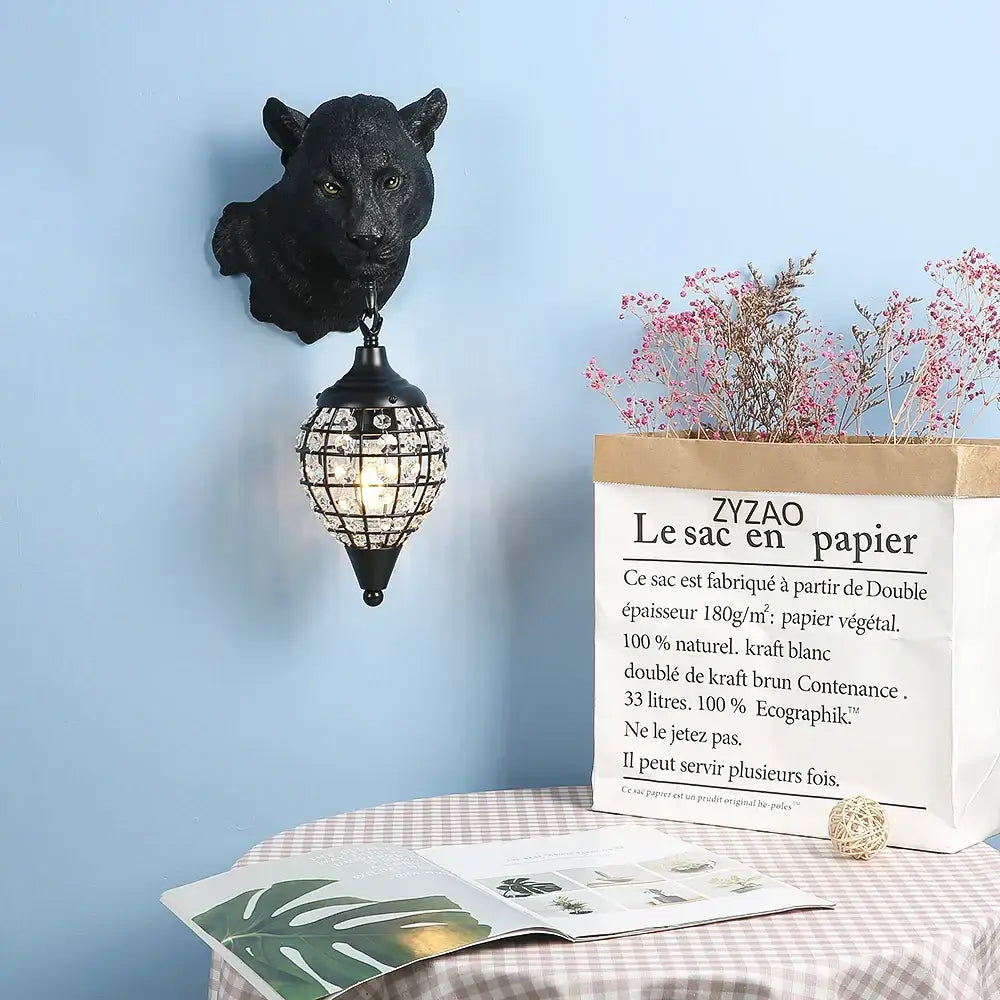 Vintage black leopard wall sconce crystal globe living room light