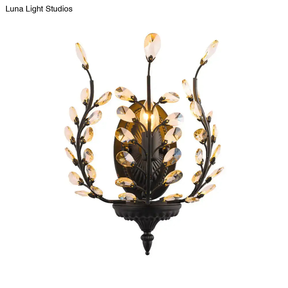Vintage black metal flower wall lamp with crystal leaves bedroom led