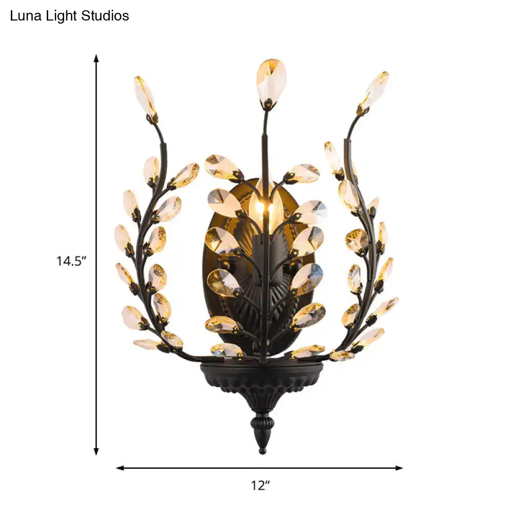 Vintage black metal flower wall lamp with crystal leaves bedroom led