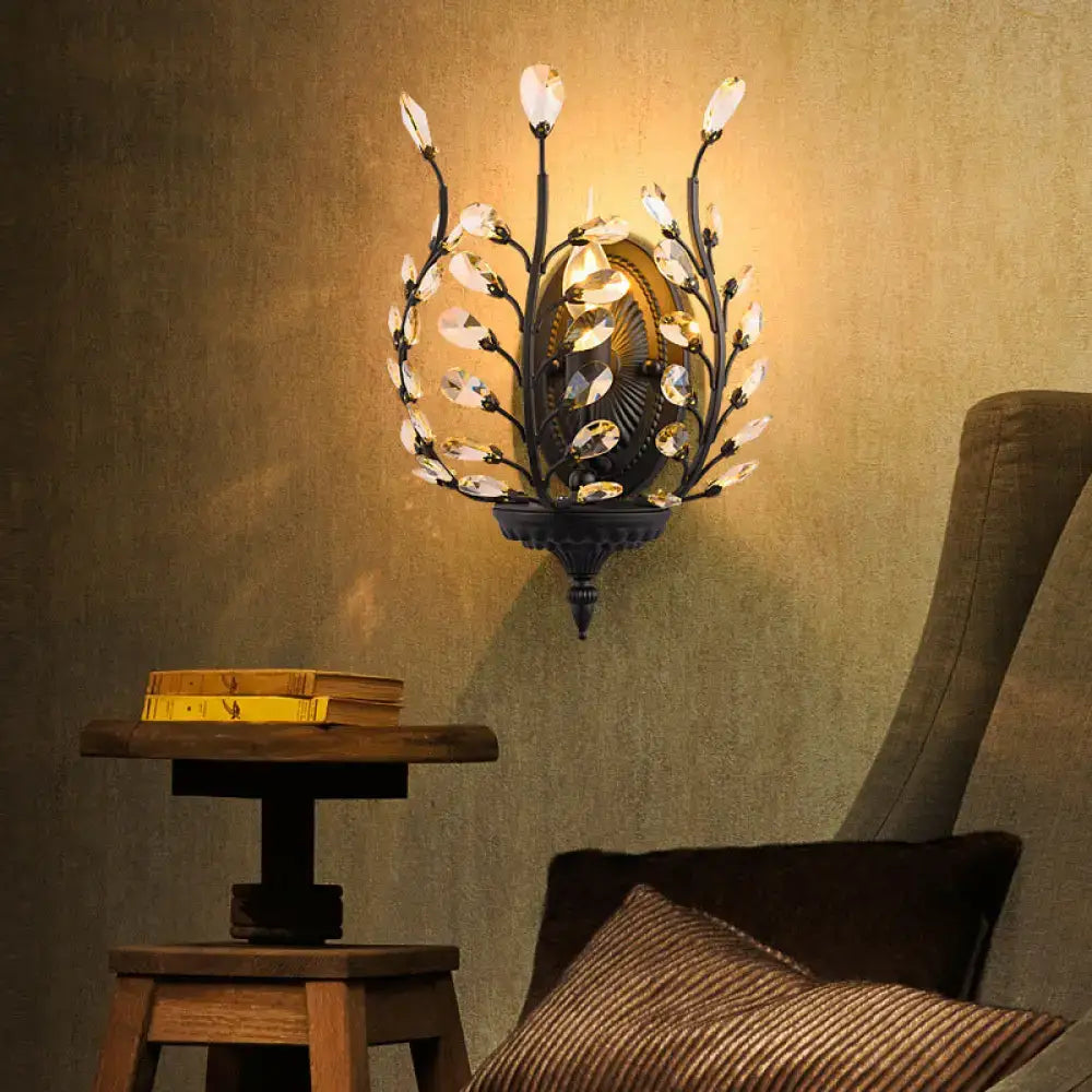Vintage black metal flower wall lamp with crystal leaves bedroom led