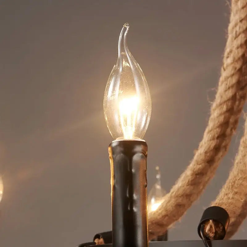 Vintage black metal industrial hemp rope chandelier dining room light