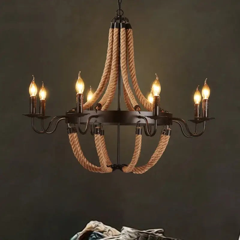 Vintage black metal industrial hemp rope chandelier dining room light