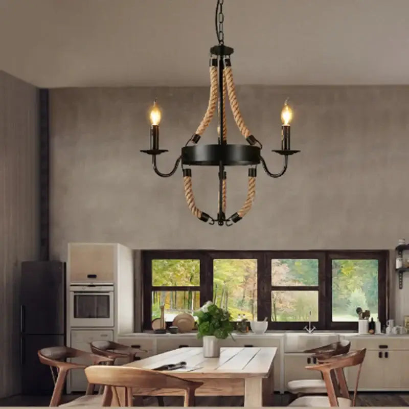 Vintage black metal industrial hemp rope chandelier dining room light