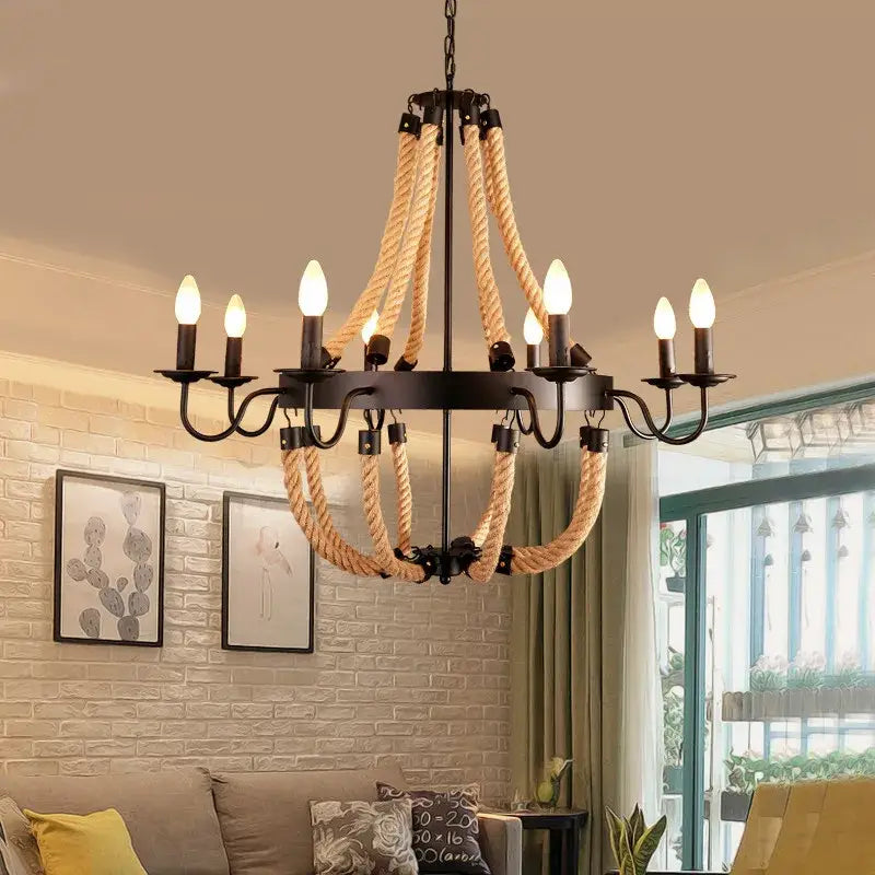 Vintage black metal industrial hemp rope chandelier dining room light
