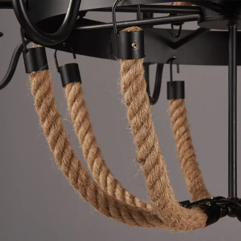 Vintage black metal industrial hemp rope chandelier dining room light