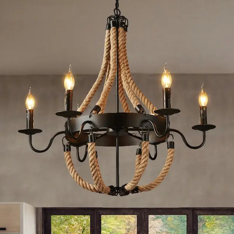 Vintage black metal industrial hemp rope chandelier dining room light