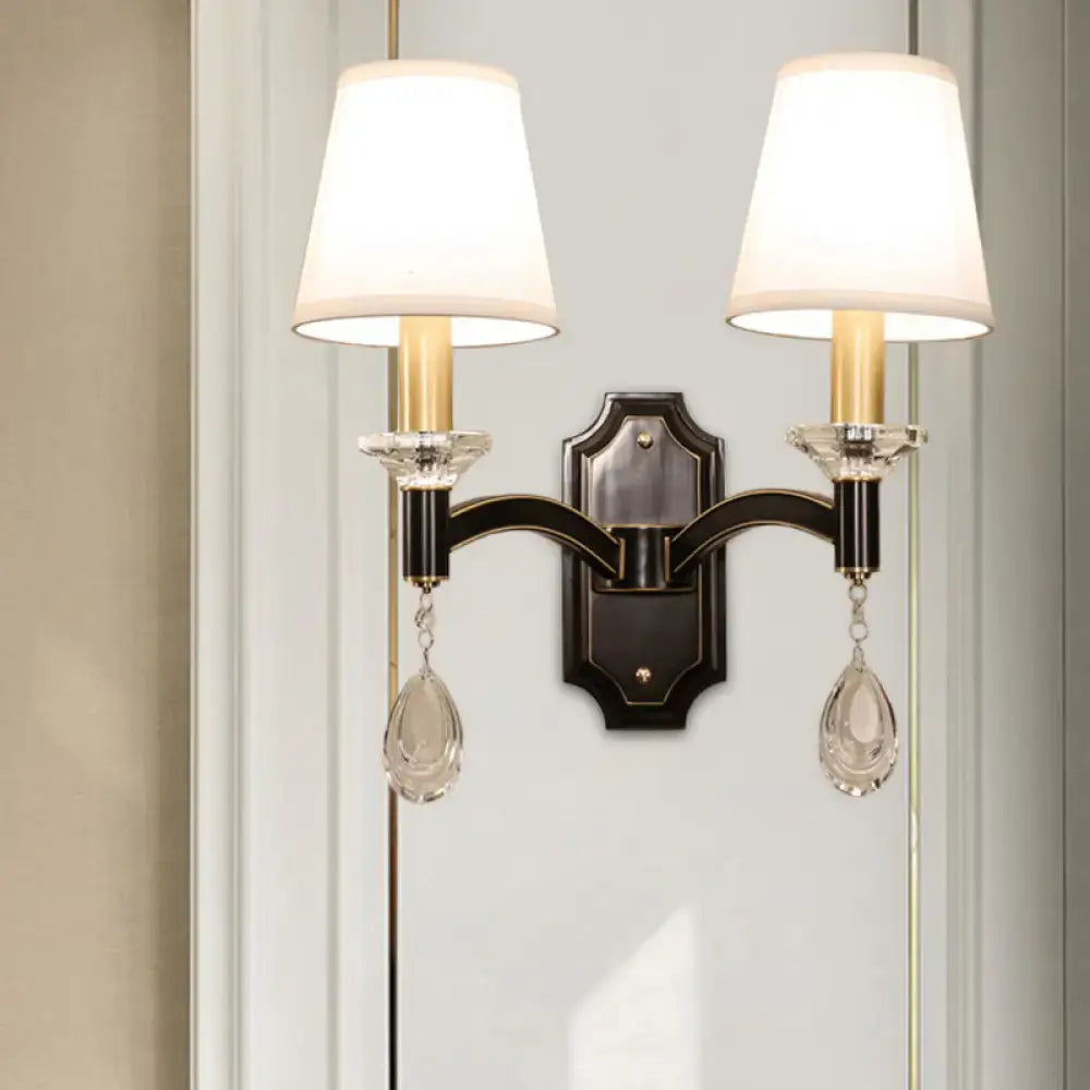 Vintage black metal wall lamp with cut crystal teardrop bedroom sconce