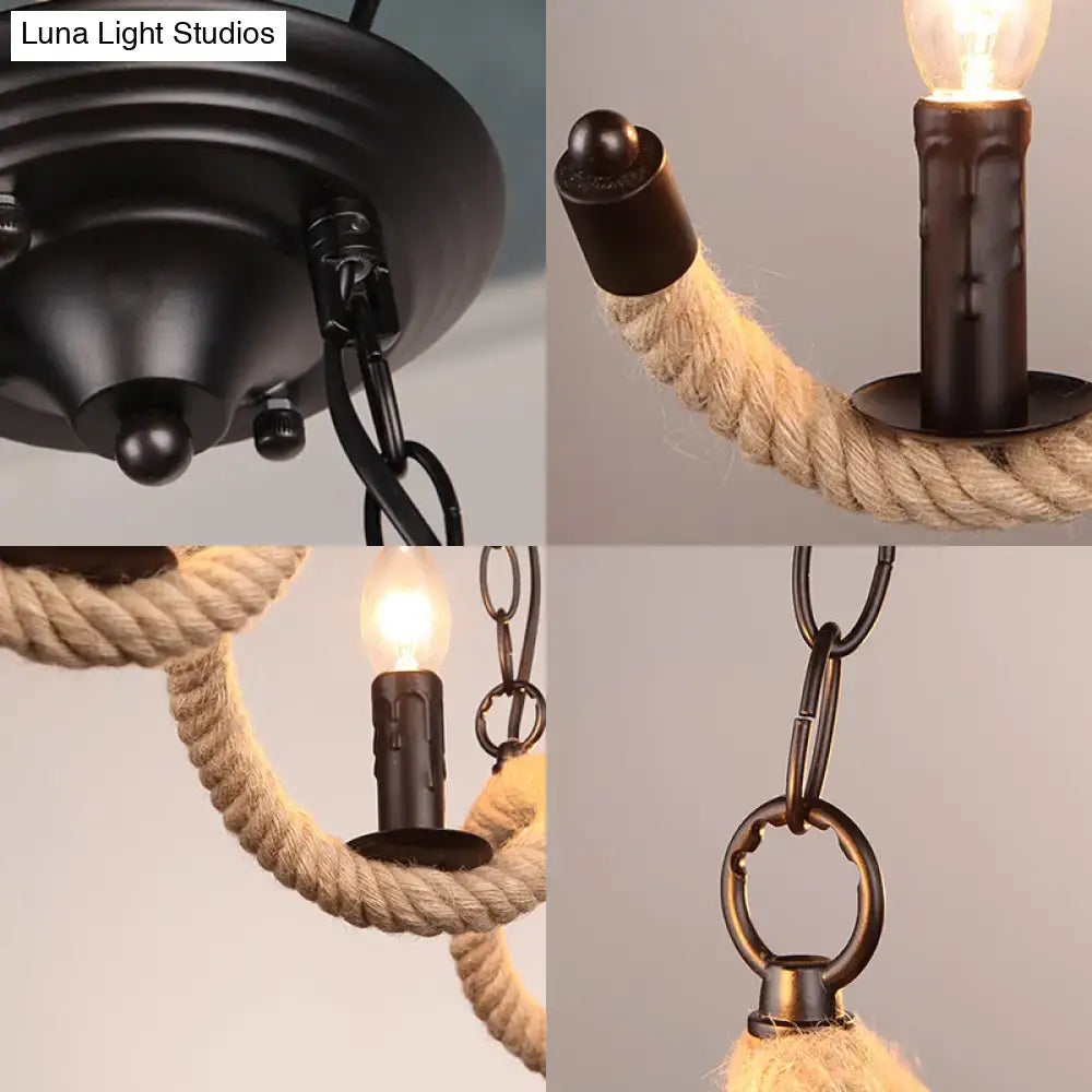 Vintage black rope pendant light – dining room 3-light candle lamp