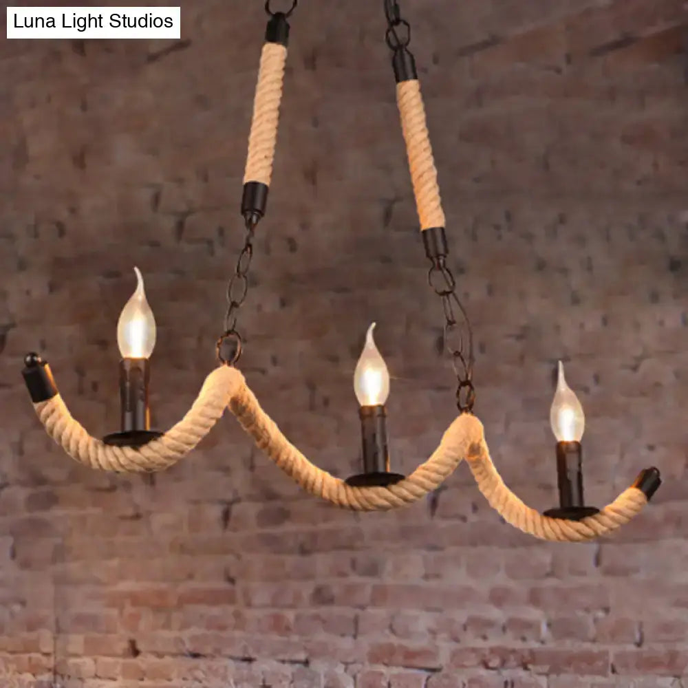 Vintage black rope pendant light – dining room 3-light candle lamp