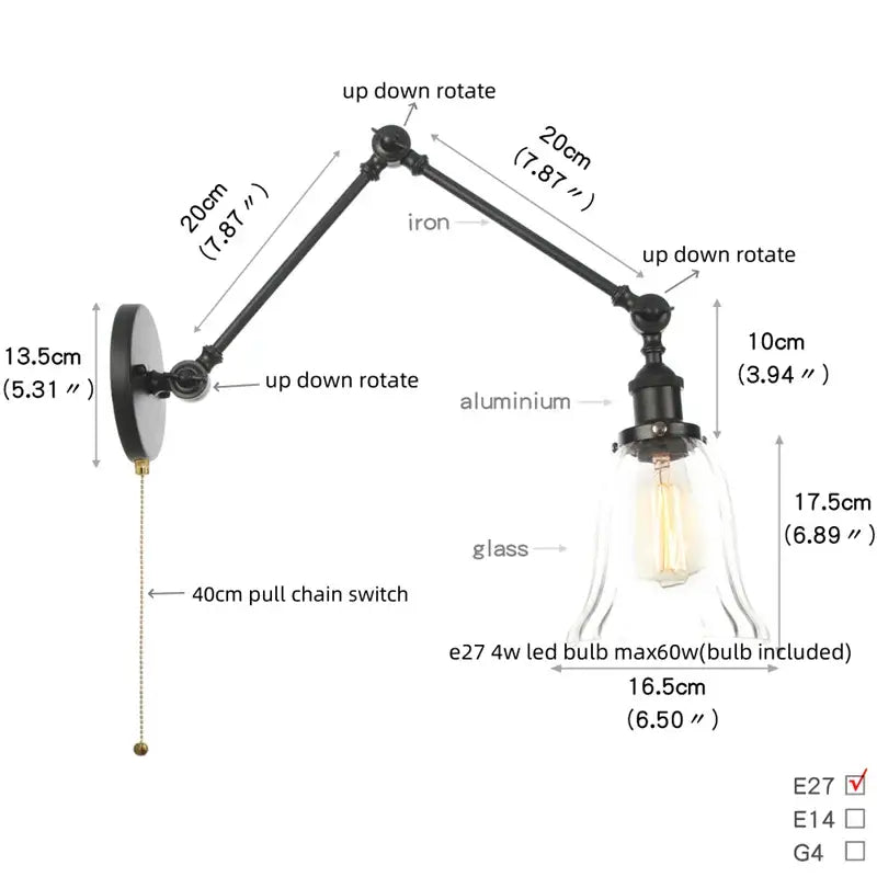 Vintage black swing arm wall lamp bedroom sconce with glass shade