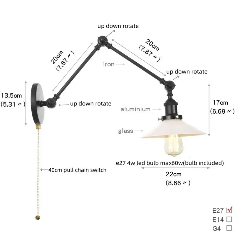Vintage black swing arm wall lamp bedroom sconce with glass shade