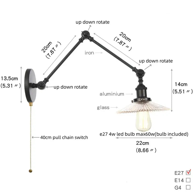 Vintage black swing arm wall lamp bedroom sconce with glass shade